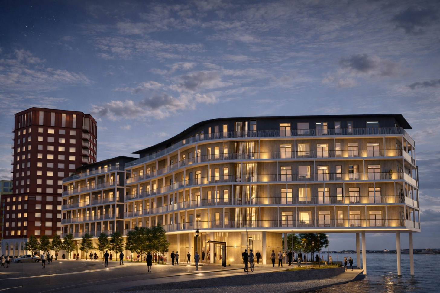 Kvarteret sett från norr. Kajpromenaden fortsätter under huset.